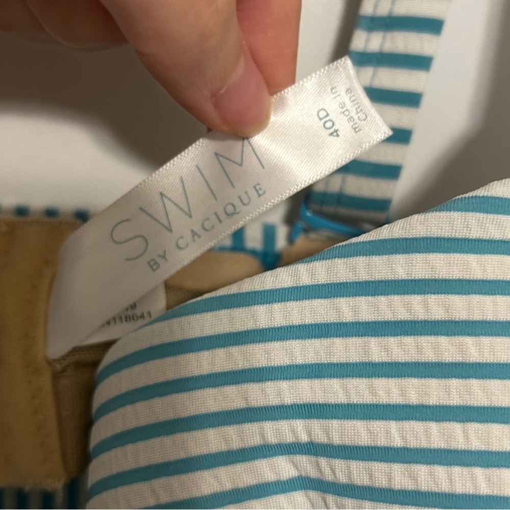 Cacique Swim Balconette Tankini Top 40D Blue White Striped Seersucker Underwire - Picture 5 of 12